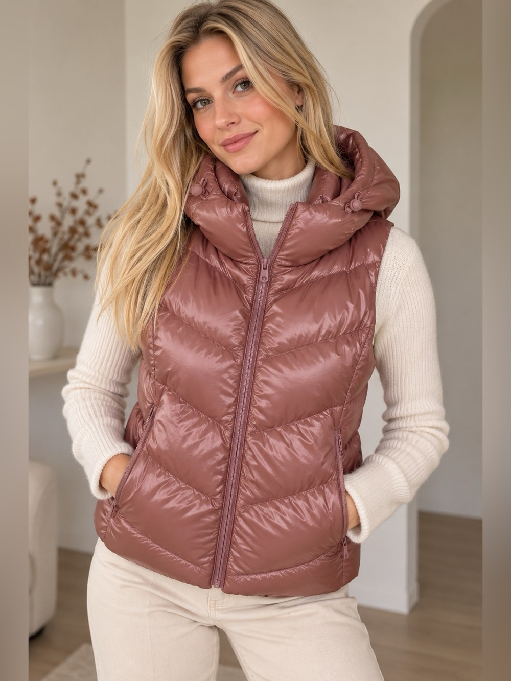 Athleta Women’s Hooded Puffer Vest Dusty Rose Pink Size S